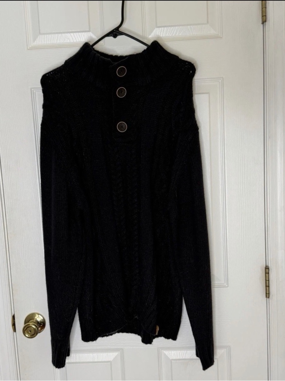 Weatherproof Black Cable Knit Turtleneck Sweater with Button Placket
